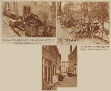 874167 Collage van 3 foto's betreffende de overlast op straat in de Utrechtse binnenstad, met linksboven een afbeelding ...